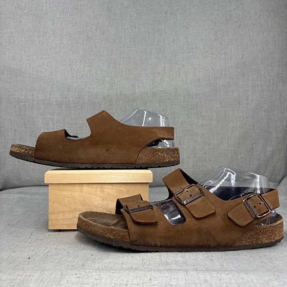 Birkenstock Milano Sandals Oiled Brown Leather Buckle Slip On Men's EU 45